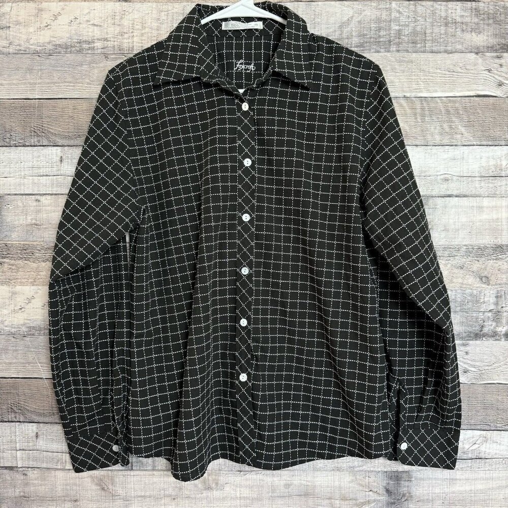 Foxcroft Top Womens 10 Black/White Windowpane Wrinkle Free Button Up Long Sleeve
